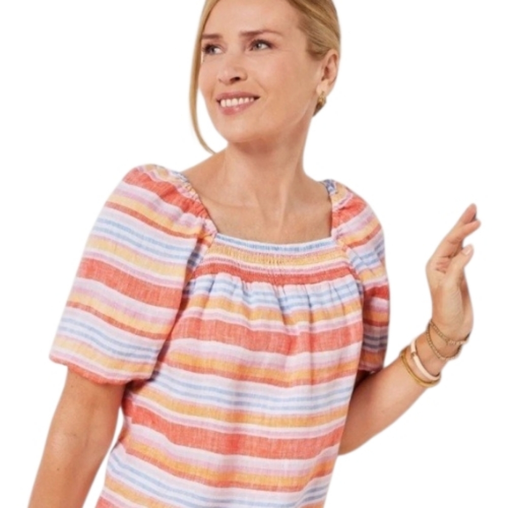 Talbots 100% Linen Popover XL Petite Palm Stripe Square Neckline Puff Sleeve